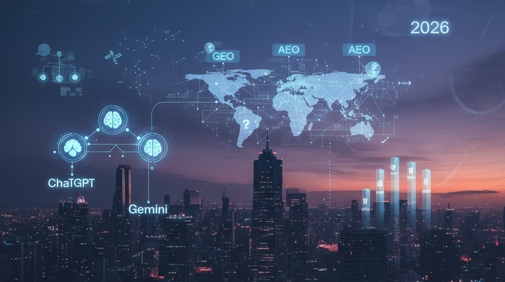 A conceptual digital illustration of a futuristic city skyline at dusk in the year 2026. Holographic overlays show global maps, data nodes, and neural brain icons labeled “ChatGPT” and “Gemini”, representing the integration of artificial intelligence into global infrastructure.
