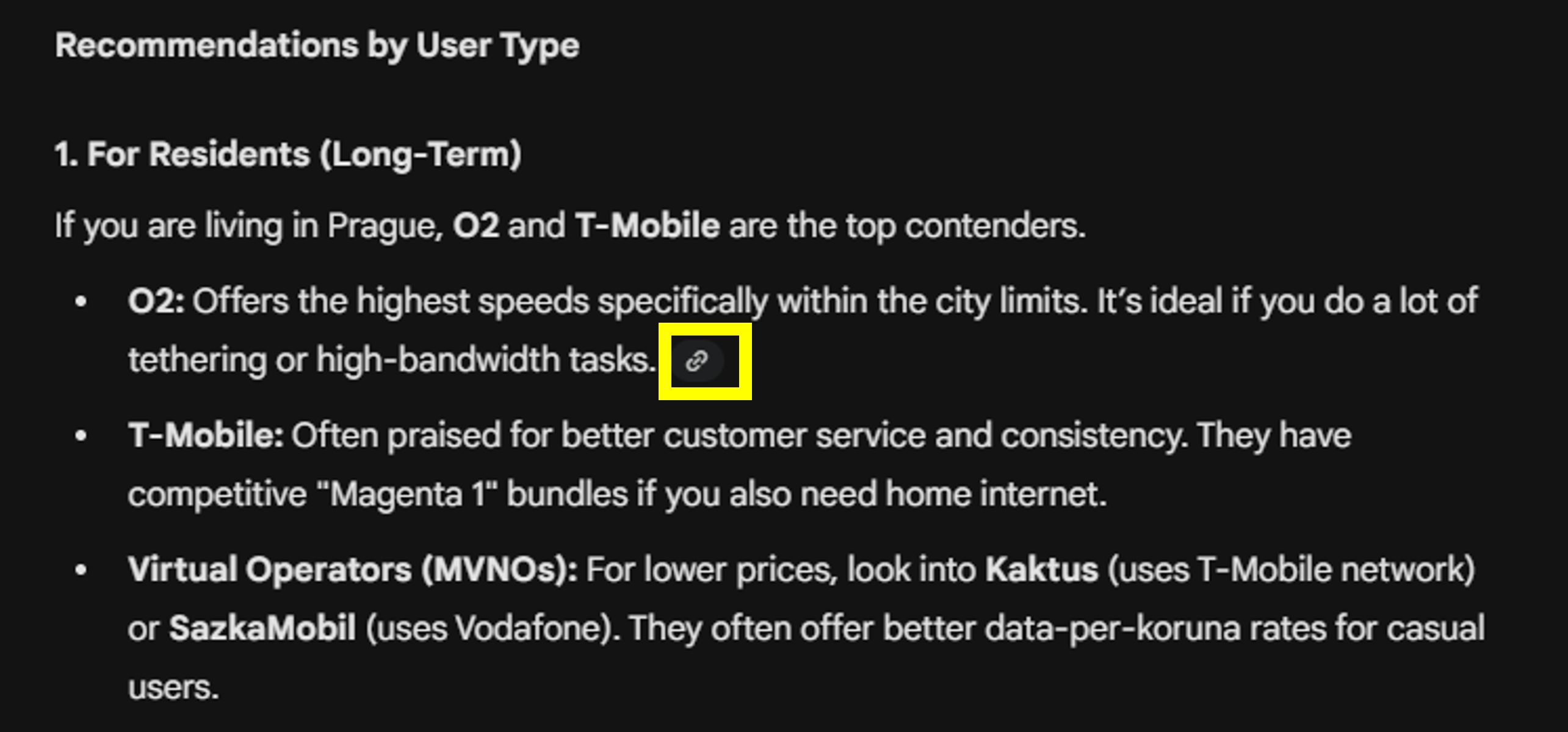 A screenshot of a Google Gemini AI response providing mobile operator recommendations in Prague. A yellow box highlights a small link icon (citation) next to a claim about O2's internet speeds, demonstrating how the AI cites its sources.