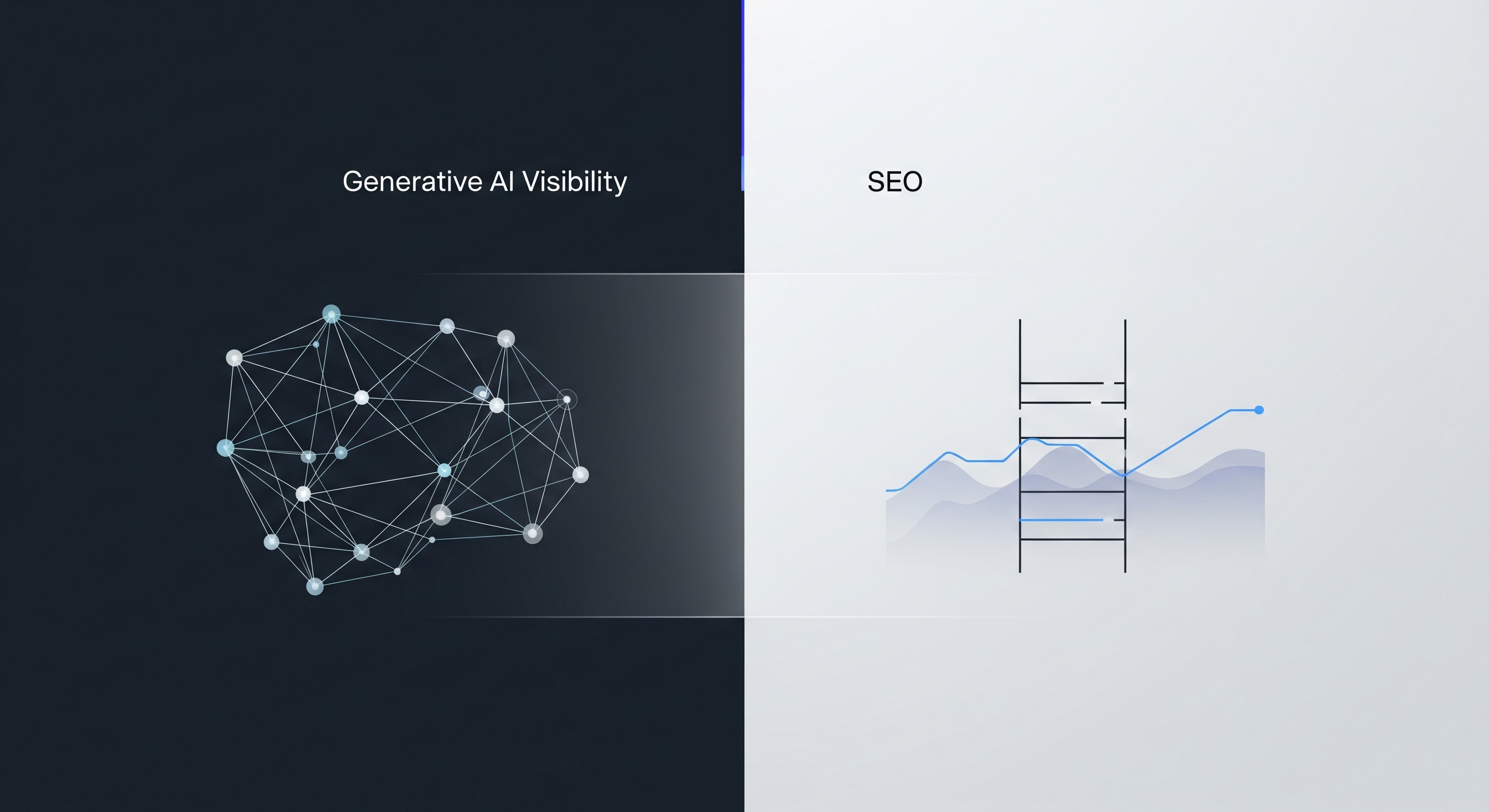 A visual representation comparing Generative AI Visibility, shown as a fluid network of interconnected content nodes, with traditional SEO, depicted as a linear, hierarchical ranking graph.