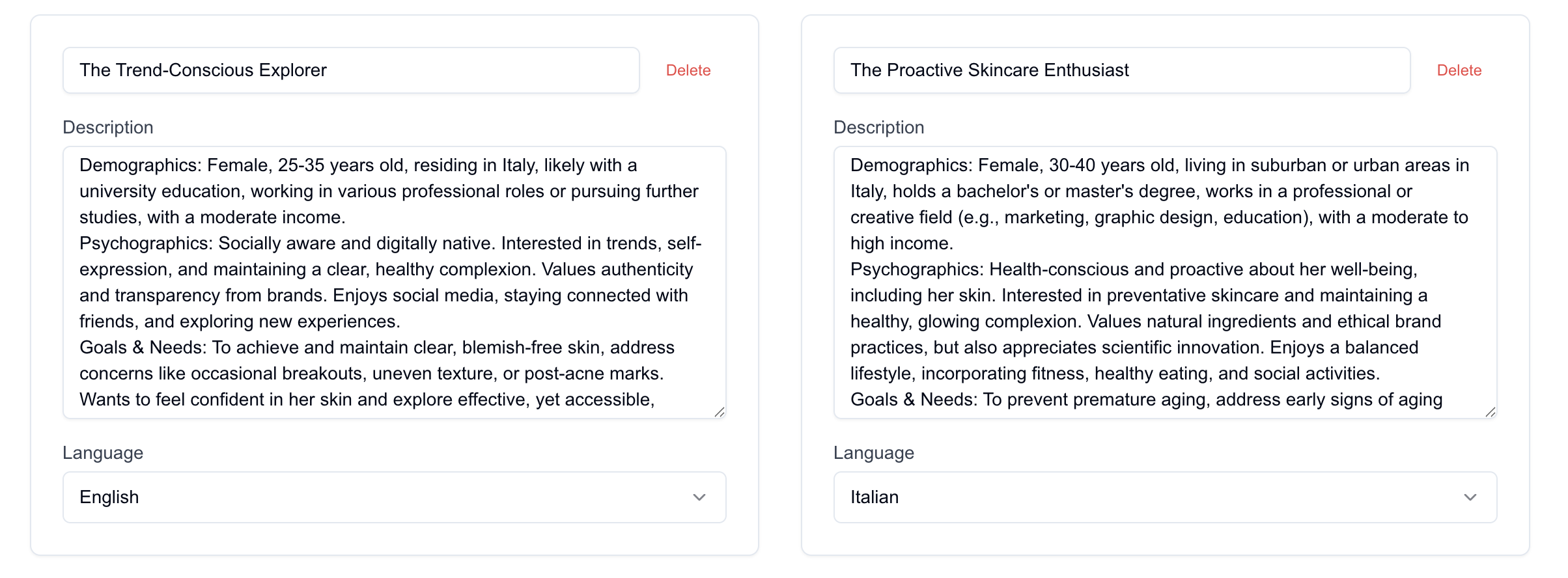 The image displays two user personas for a product, with descriptions of their demographics, psychographics, and goals. The persona on the left is "The Trend-Conscious Explorer," a young woman interested in social media and self-expression, while the one on the right is "The Proactive Skincare Enthusiast," a slightly older woman focused on preventative skincare and a healthy lifestyle.