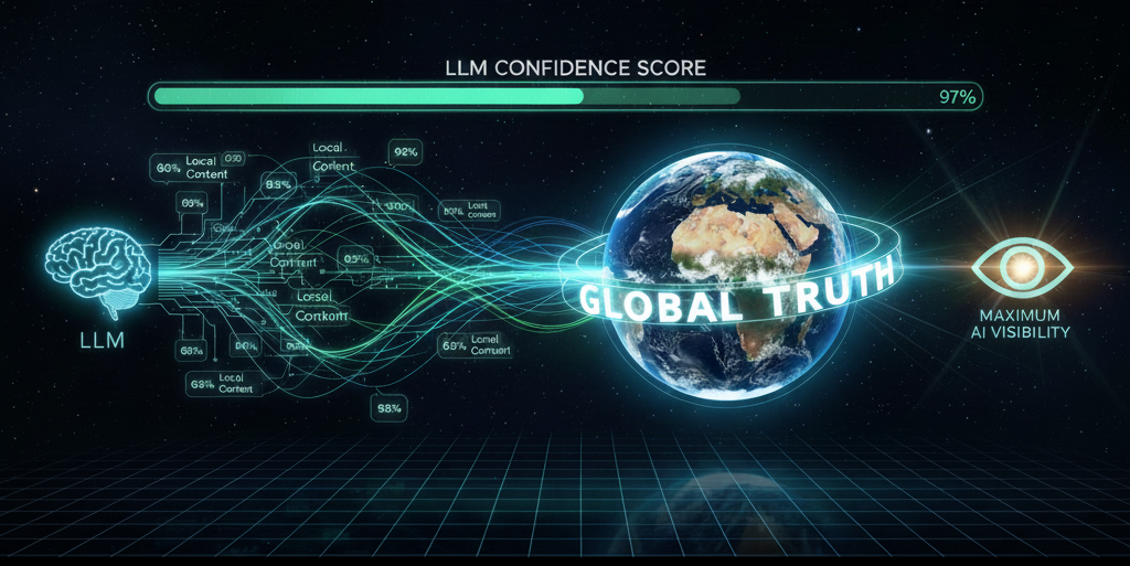 “Digital infographic illustrating LLM Confidence Score at 97%. The image shows a Large Language Model (LLM) processing local content into a unified "Global Truth" around Earth, representing brand consistency and maximum AI visibility.